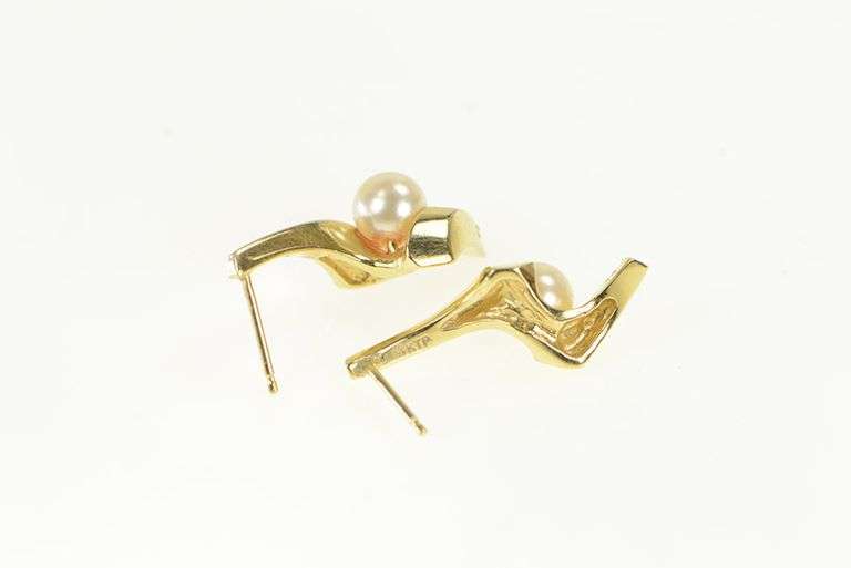 14K Yellow Gold Pearl Diamond Accent Swirl Drop Vintage Earrings
