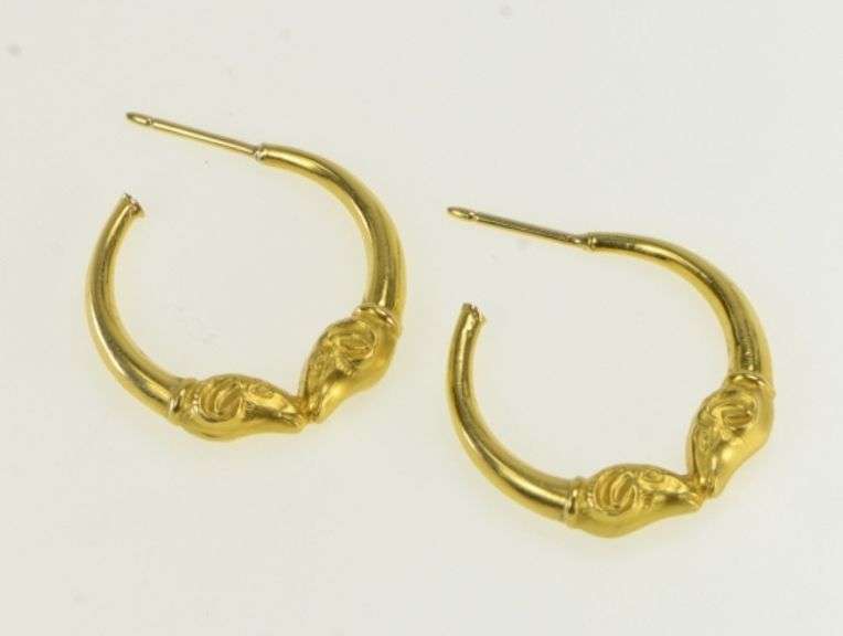 18K Yellow Gold Aries Zodiac Sign Ram Ornate Vintage Hoop Earrings