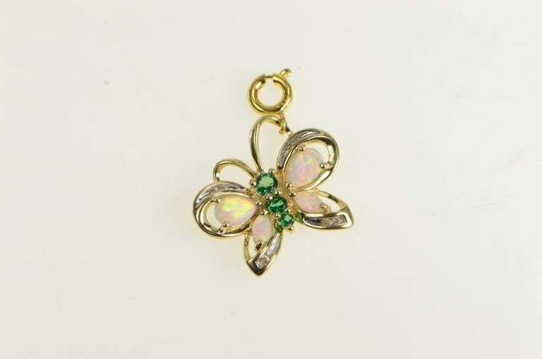 10K Yellow Gold Ornate Syn. Emerald & Opal Butterfly Charm/Pendant