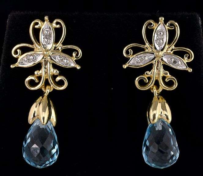 Magical Blue Topaz and Diamond Stud Earrings In Yellow Gold