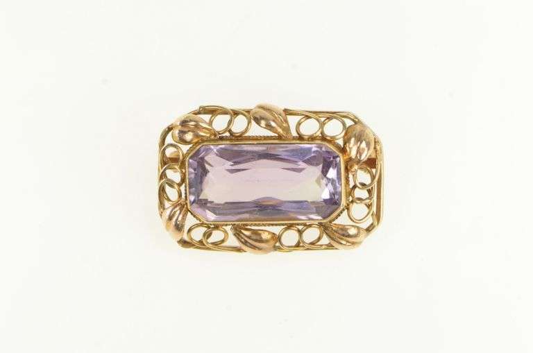 14K Yellow Gold 1940's Amethyst Ornate Scroll Vine Filigree Pin/Brooch