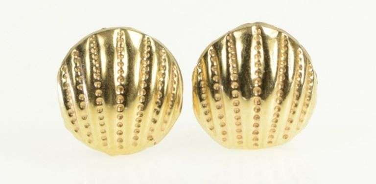 14K Yellow Gold Ridged Scallop Shell Vintage Round Stud Earrings