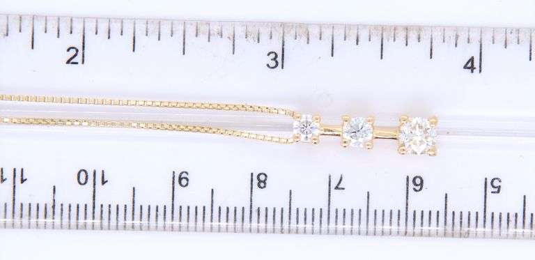 Gorgeous Yellow Gold Three Stone Diamond Bar Pendant on Box Chain Necklace