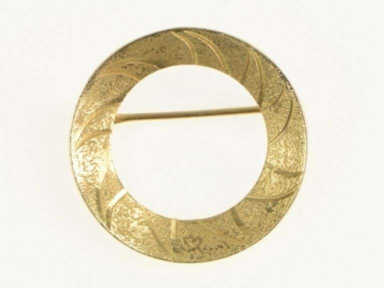 14K Yellow Gold Diamond Cut Vintage Textured Circle Concave Pin/Brooch