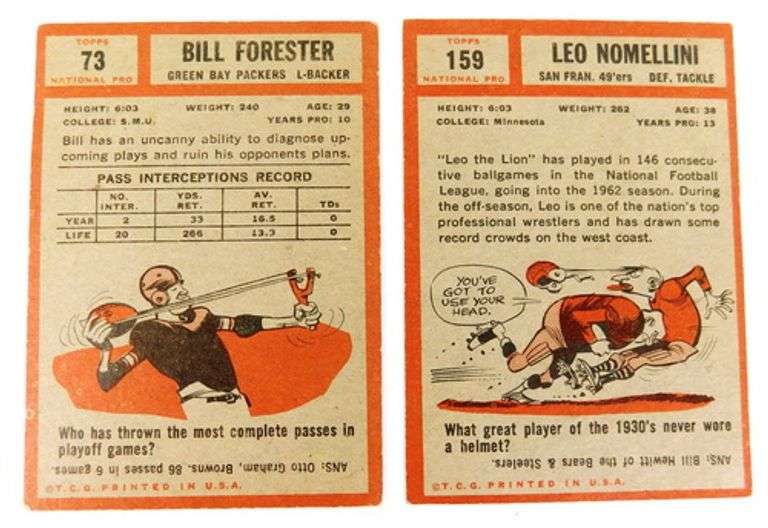 2 Topps 1962 Football Greats