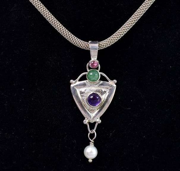 Multi-Gem and Pearl Pendant Necklace In Sterling Silver
