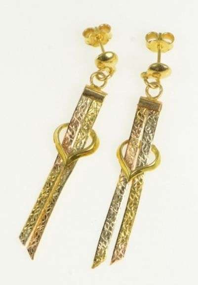 18K Yellow Gold Patterned Chain Bow Heart Dangle Fringe Earrings