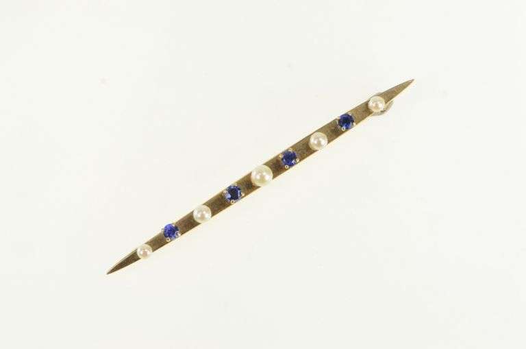 14K Yellow Gold Retro Syn Sapphire Seed Pearl Vintage Bar Pin/Brooch