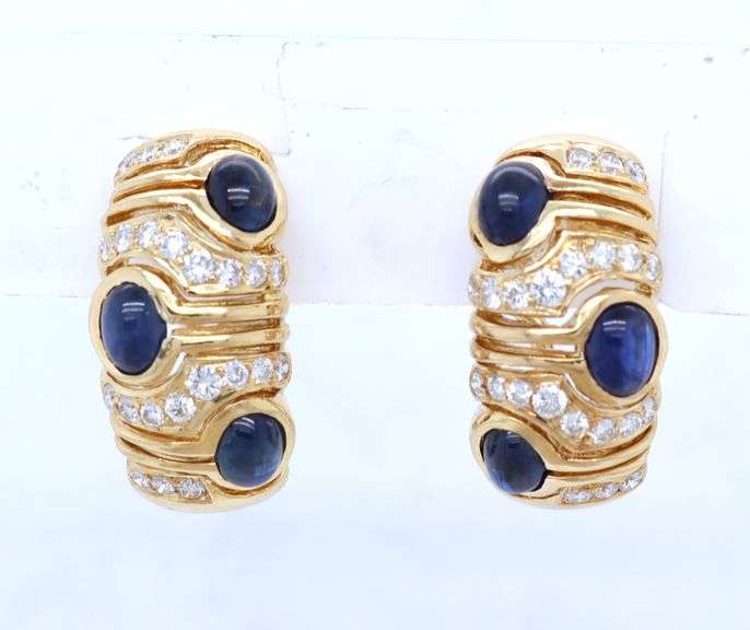 3.00ctw Sapphire Cabochon and 0.65ctw Diamond J Hoop Earrings in 18K