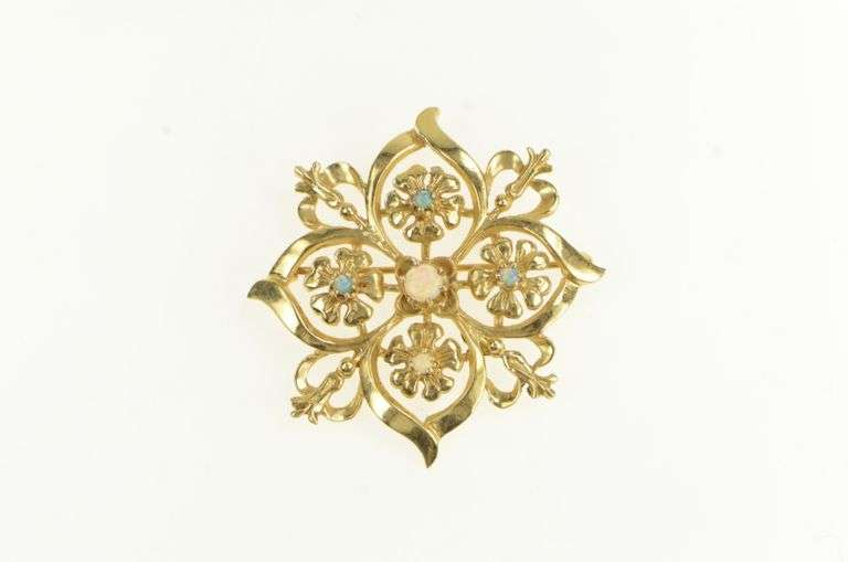 14K Yellow Gold Natural Opal Flower Vintage Statement Pin/Brooch