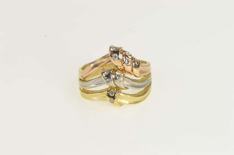 14K Yellow Gold Tri Tone Diamond Knot Wavy Layered Band Ring