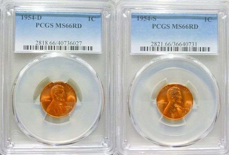 Superb Gem BU 1954D & 1954S Mint Lincoln Cents Both PCGS MS 66 Red!
