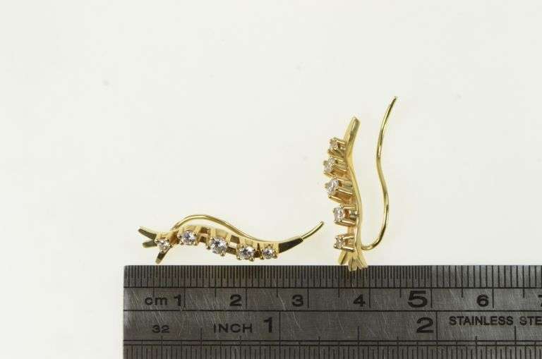 14K Yellow Gold Vintage Curvy CZ Wave Drop Dangle Ear Cuff Earrings