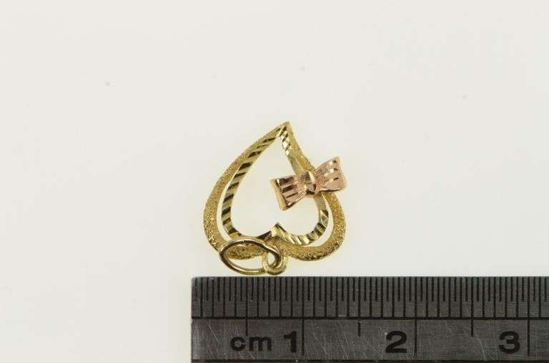 14K Yellow Gold Diamond Cut Heart Bow Ribbon Love Pendant