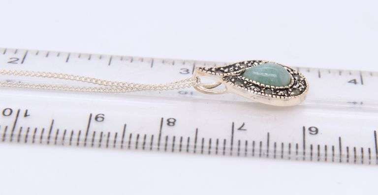 Vintage 925 Sterling Silver Jade and Marcasite Pendant on Chain