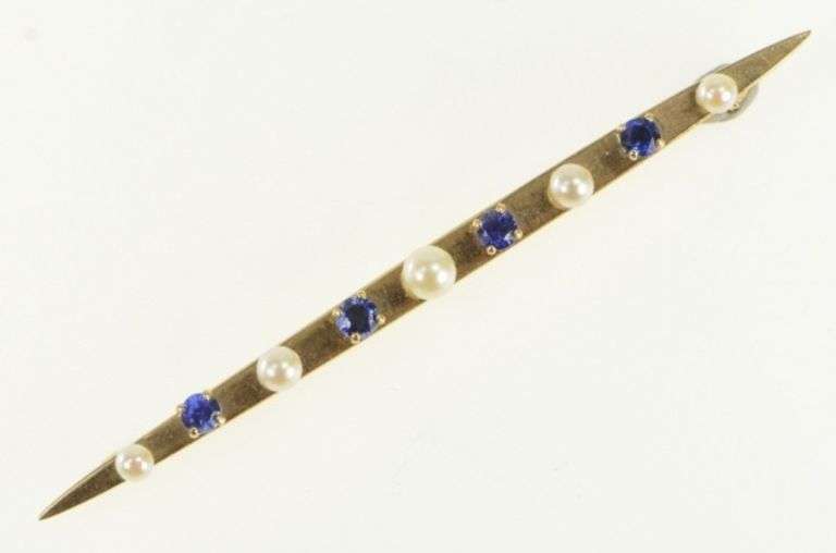 14K Yellow Gold Retro Syn Sapphire Seed Pearl Vintage Bar Pin/Brooch