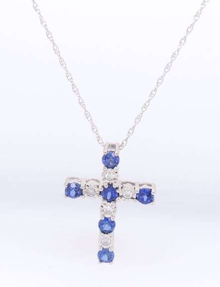 Fantastic White Gold Sapphire and Diamond accent Cross Pendant on Chain