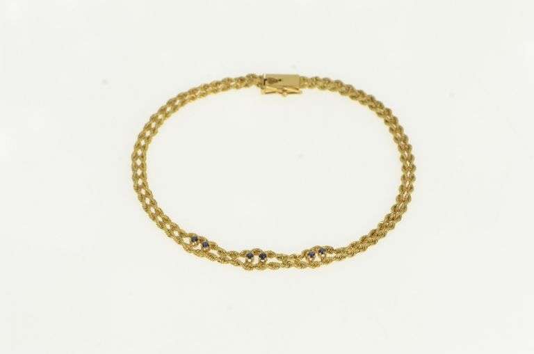 14K Yellow Gold Sapphire Ornate Rope Link Vintage Chain Bracelet
