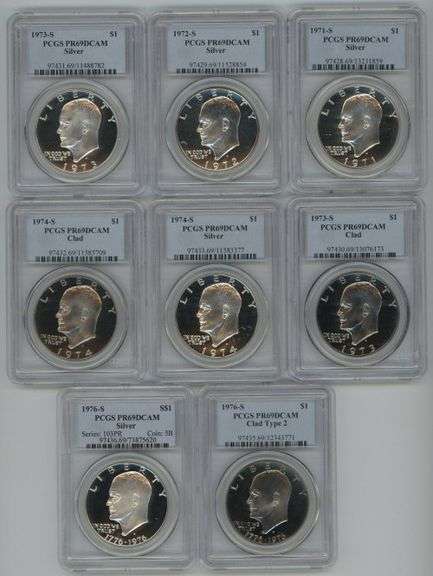 8 Diff. Near Perfect Proof Eisenhower Dollars 1971-S to 1976-S. PCGS PR69DCAM