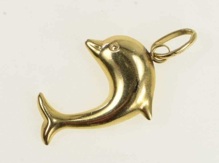 14K Yellow Gold Puffy Jumping Dolphin Ocean Motif Charm/Pendant
