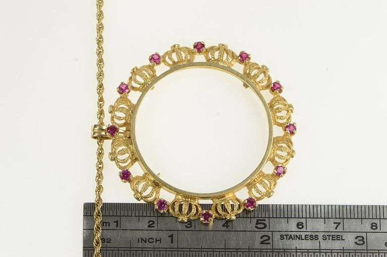 14K Yellow Gold Ruby 1 Oz Gold Eagle $50 Coin Holder Chain Necklace