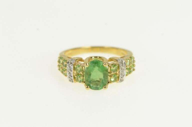 14K Yellow Gold Emerald Peridot Diamond Vintage Statement Ring