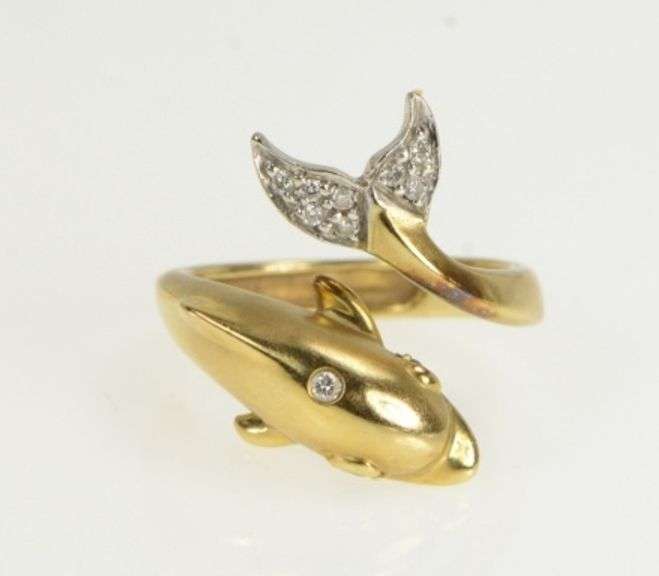 14K Yellow Gold Diamond Emerald Dolphin Wrap Statement Ring
