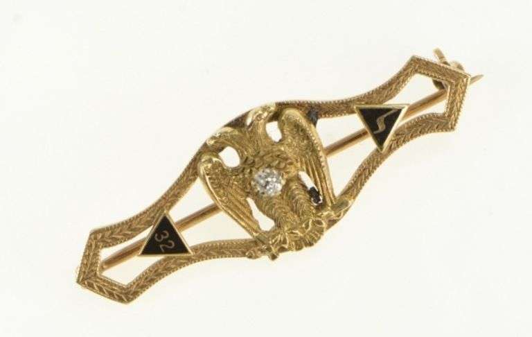 14K Yellow Gold Masonic Diamond Eagle Yod 32nd Degree Pin/Brooch