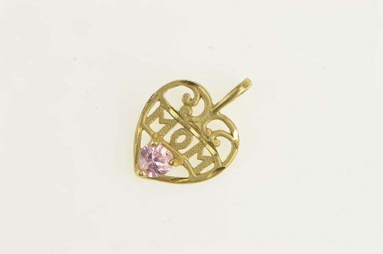 14K Yellow Gold Mom Mother's Day Heart Pink CZ Vintage Charm/Pendant