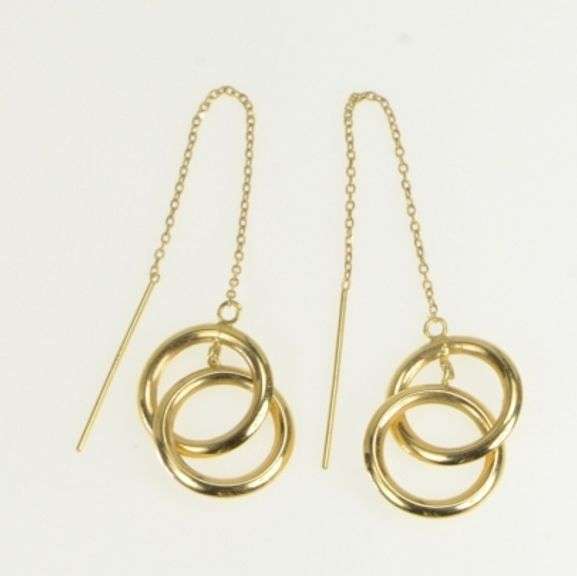14K Yellow Gold Two Tiered Circle Round Vintage Dangle Chain Earrings