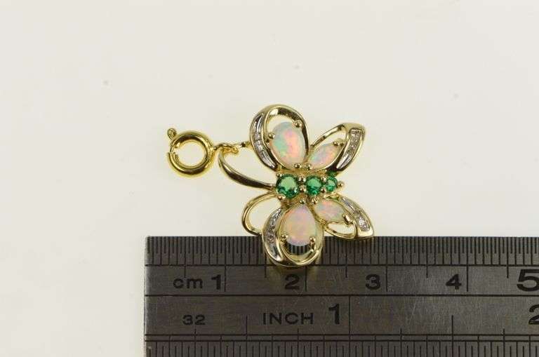 10K Yellow Gold Ornate Syn. Emerald & Opal Butterfly Charm/Pendant
