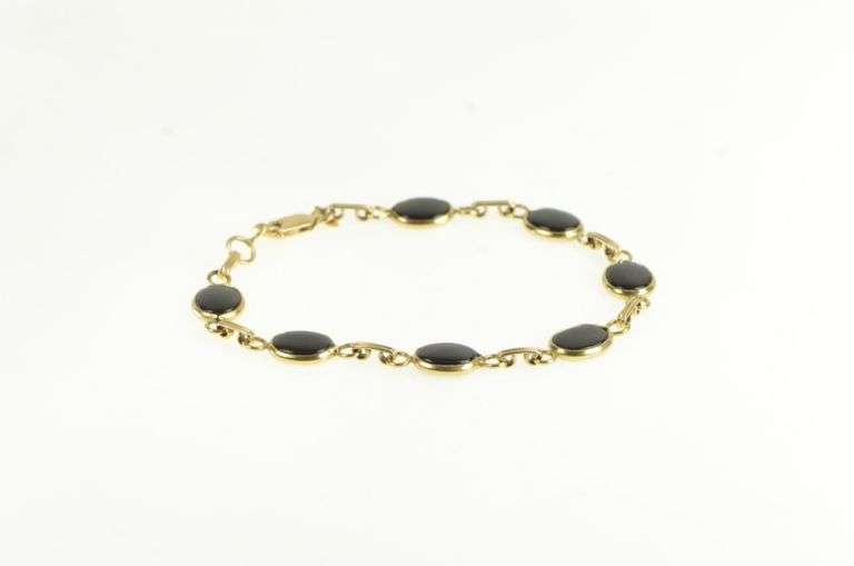 14K Yellow Gold Oval Black Onyx Vintage Statement Chain Bracelet