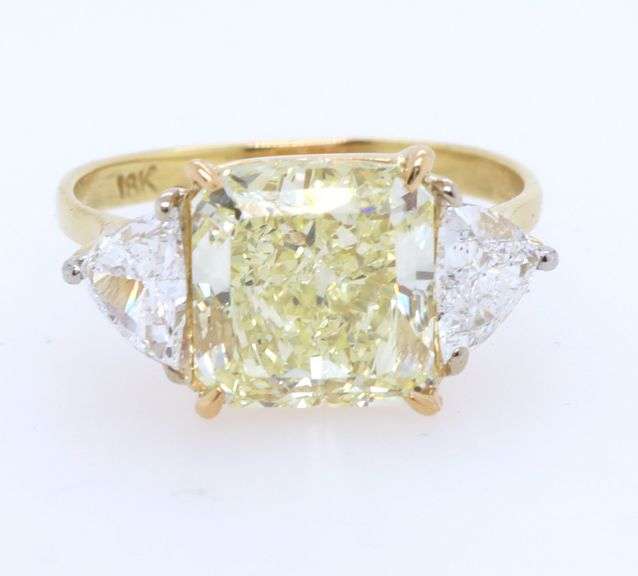 GIA Certified 4.02ct Fancy Light Yellow Internally Flawless Radiant Diamond and 1.50ctw White Trillion Diamond Three Stone Engagement Ring in 18K