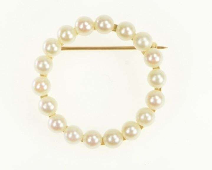 14K Yellow Gold Pearl Vintage Classic Round Circle Pin/Brooch