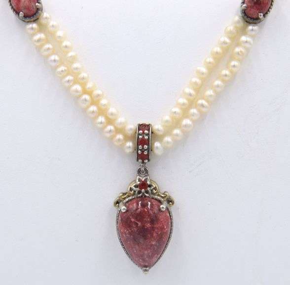 925 Sterling Silver Agate Pendant with 2 Row Pearl Necklace