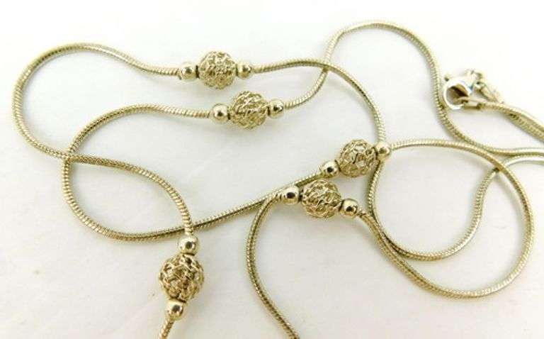 Long Sterling Necklace with Filigree Beads