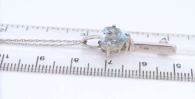 Vintage 925 Sterling Silver Blue Cubic Zirconia Key Pendant on Chain Necklace