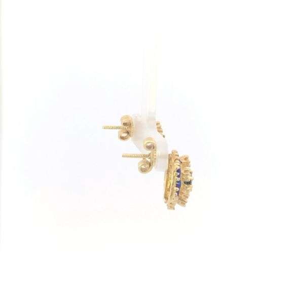 14K Yellow Gold Sapphire Diamond Flower Halo Enamel Stud Earrings