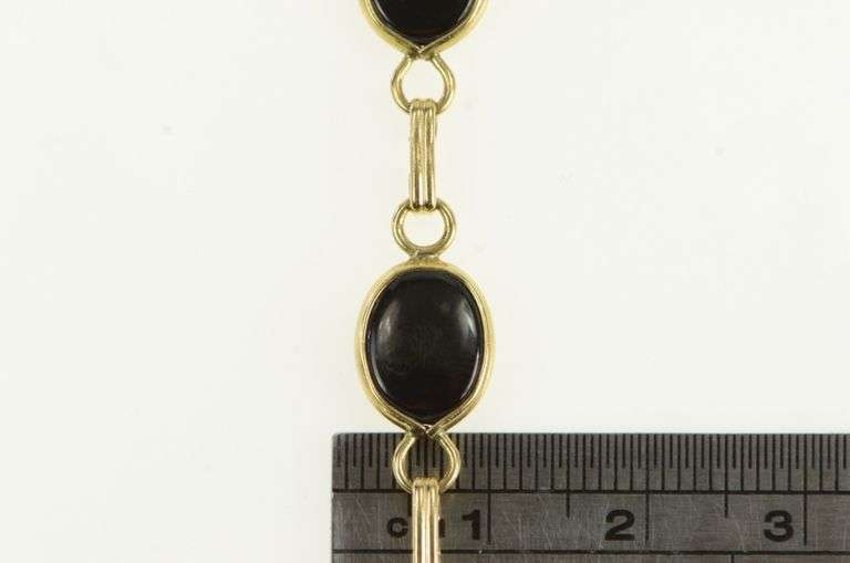 14K Yellow Gold Oval Black Onyx Vintage Statement Chain Bracelet