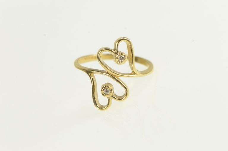14K Yellow Gold Diamond Inset Retro Heart Love Wrap Bypass Ring
