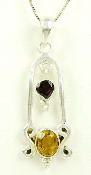 Large Sterling Garnet & Citrine Pendant & Chain