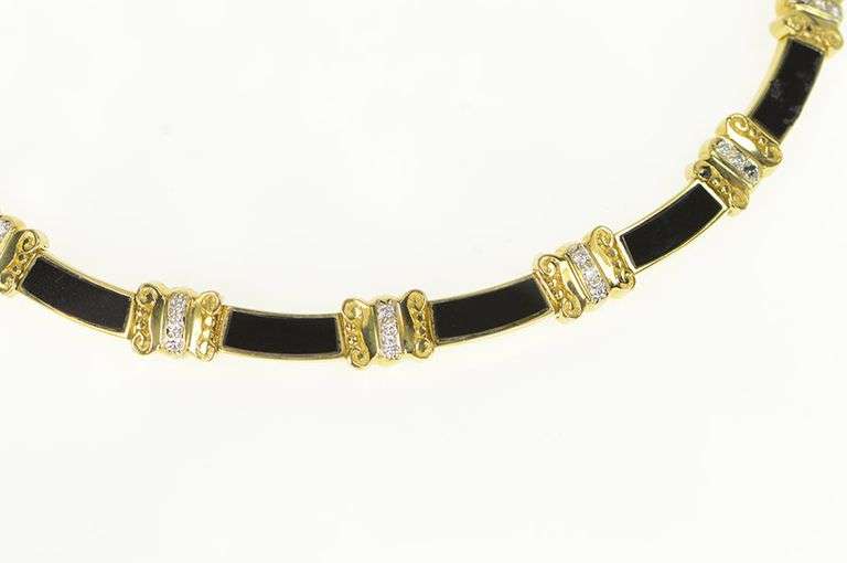 14K Yellow Gold Black Onyx Inlay Diamond Ornate Statement Necklace