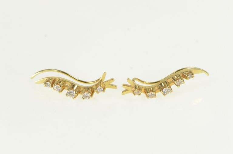 14K Yellow Gold Vintage Curvy CZ Wave Drop Dangle Ear Cuff Earrings