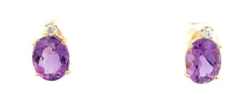 14K Yellow Gold Oval Amethyst Diamond Accent Vintage Stud Earrings