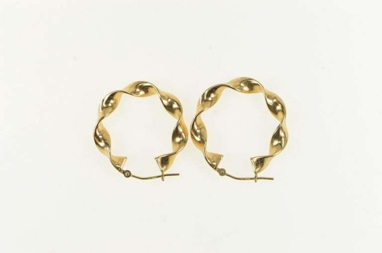 14K Yellow Gold 27.4mm Retro Twist Corkscrew Hoop Earrings