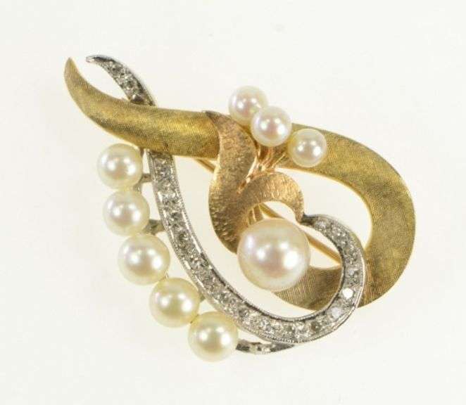 14K Yellow Gold 0.28 Ctw Diamond Pearl Vintage Loop Pin/Brooch