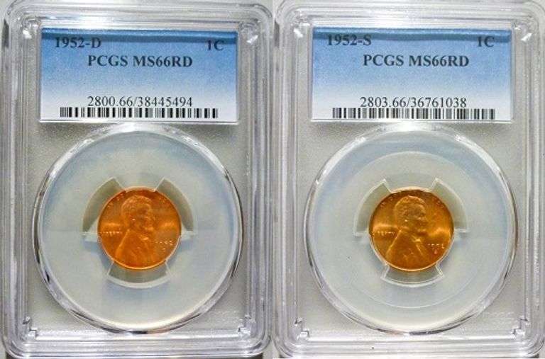 Superb Gem BU 1952D & 1952S Mint Lincoln Cents Both PCGS MS 66 Red!