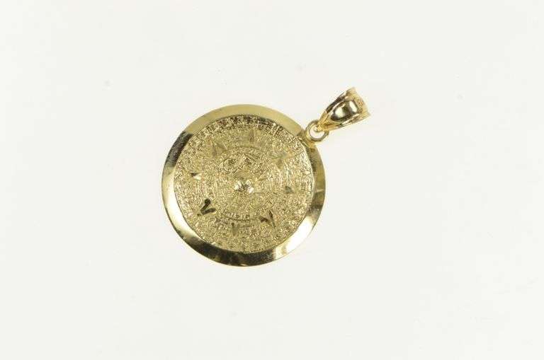 14K Yellow Gold Ancient Mayan Calendar Vintage Medallion Charm/Pendant
