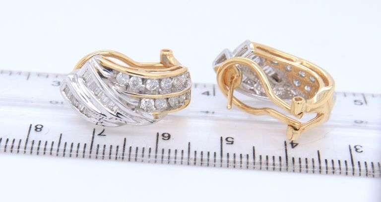 Attractive 1.50ctw Two Tone Baguette and Round Diamond Earrings