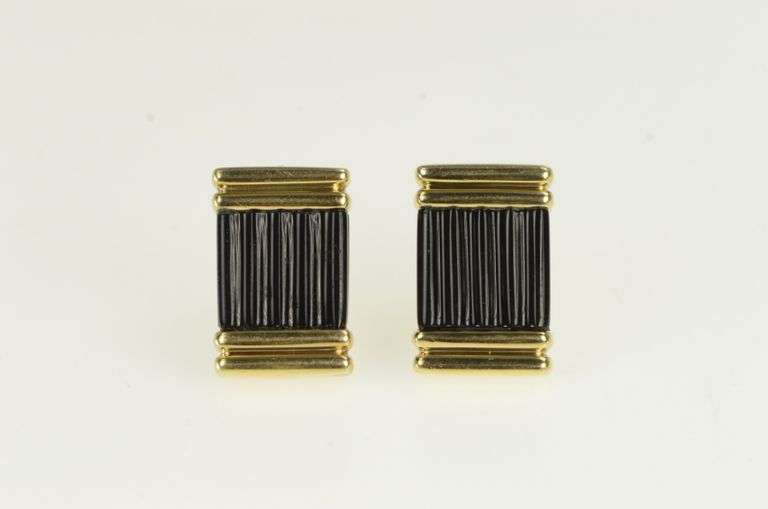 14K Yellow Gold Black Onyx Carved Squared French Clip Earrings